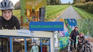 Fotocolage von Männern und Frauen auf ihrem Fahrrad für das Stadtradeln 2023