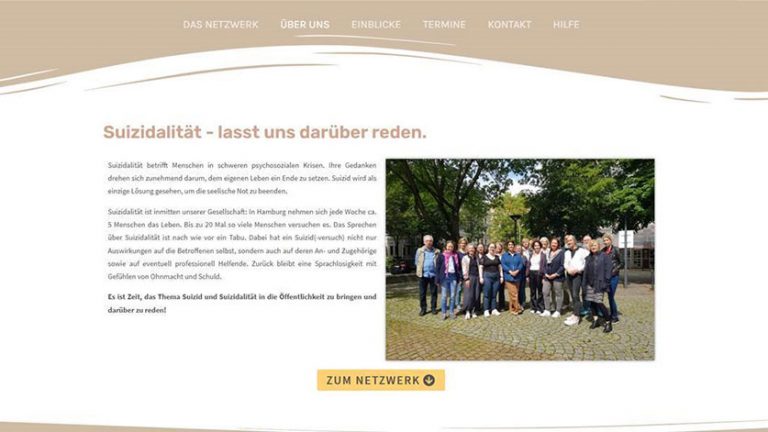 Screenshot der Webseite Netzwerk Suizidprävention Hamburg mit Informationen zum Thema Suizidalität und einem Gruppenfoto eines Netzwerks von engagierten Menschen. Links befindet sich ein erklärender Text zur Suizidprävention in Hamburg.