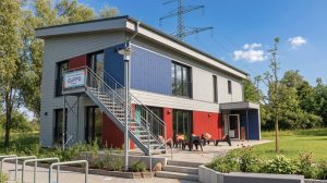 Das neue Clippo Boberg – ein modernes, zweistöckiges Jugendhaus mit Holzfassade in Grau, Blau und Rot. Durch die großen Fenster im Erdgeschoss ist eine Veranstaltung mit zahlreichen Jugendlichen zu sehen.